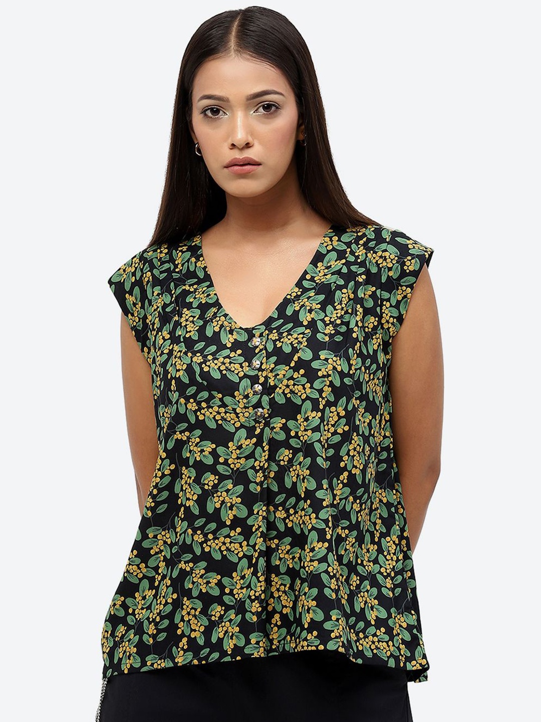 

Baawri V-Neck Floral Printed Cotton Top, Green