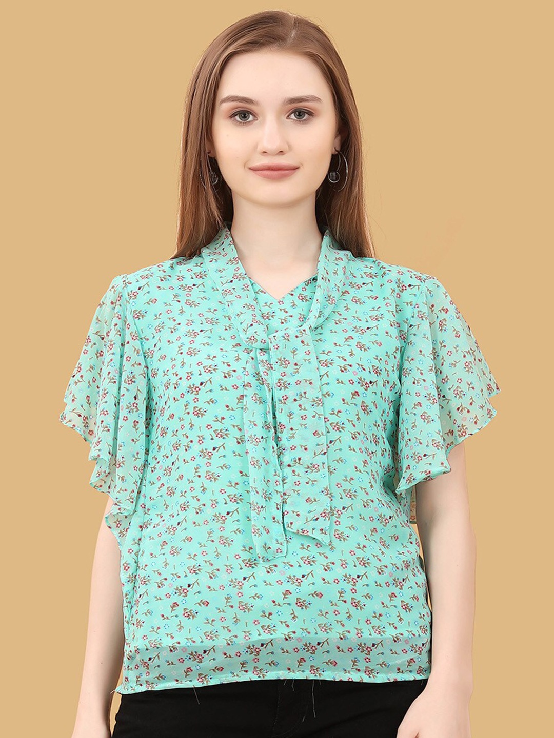 

BAESD Floral Print Mandarin Collar Flutter Sleeve Georgette Top, Green