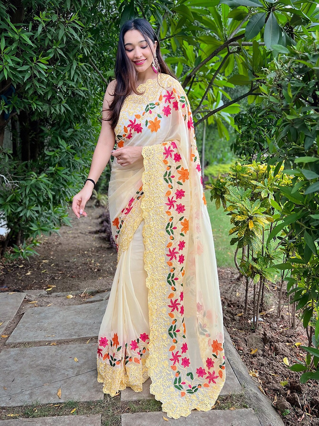 

elora Ethnic Motifs Schiffli Pure Georgette Saree, Yellow