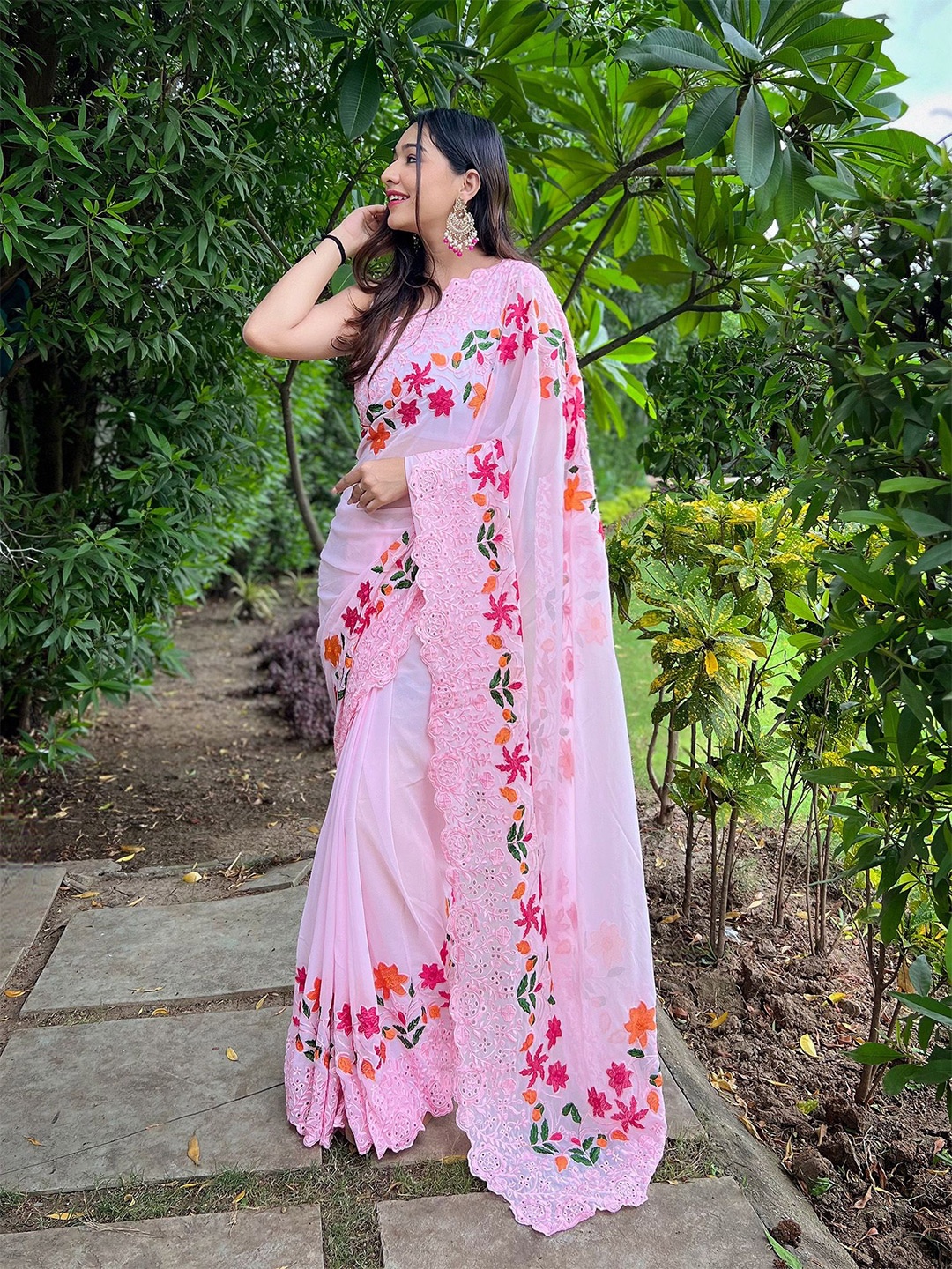 elora Embellished Embroidered Pure Georgette Saree, Pink