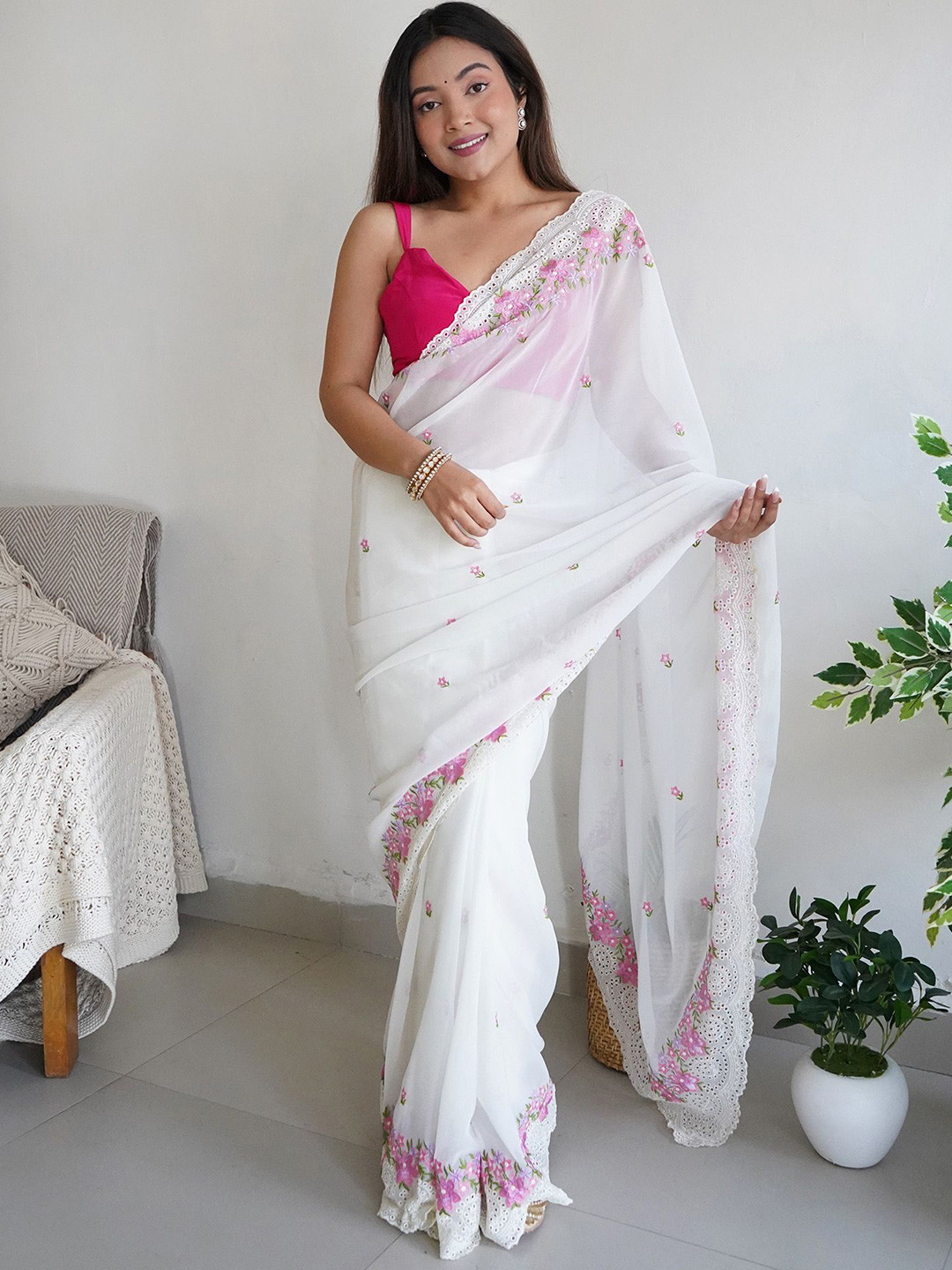 

elora Floral Embroidered Organza Saree, White