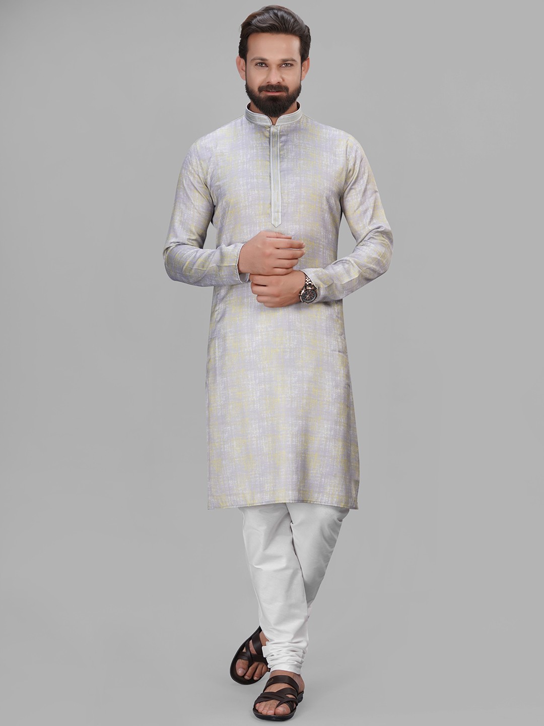 

LA'SCOOT Mandarin Collar Straight Pure Cotton Kurta with Pyjamas, Grey