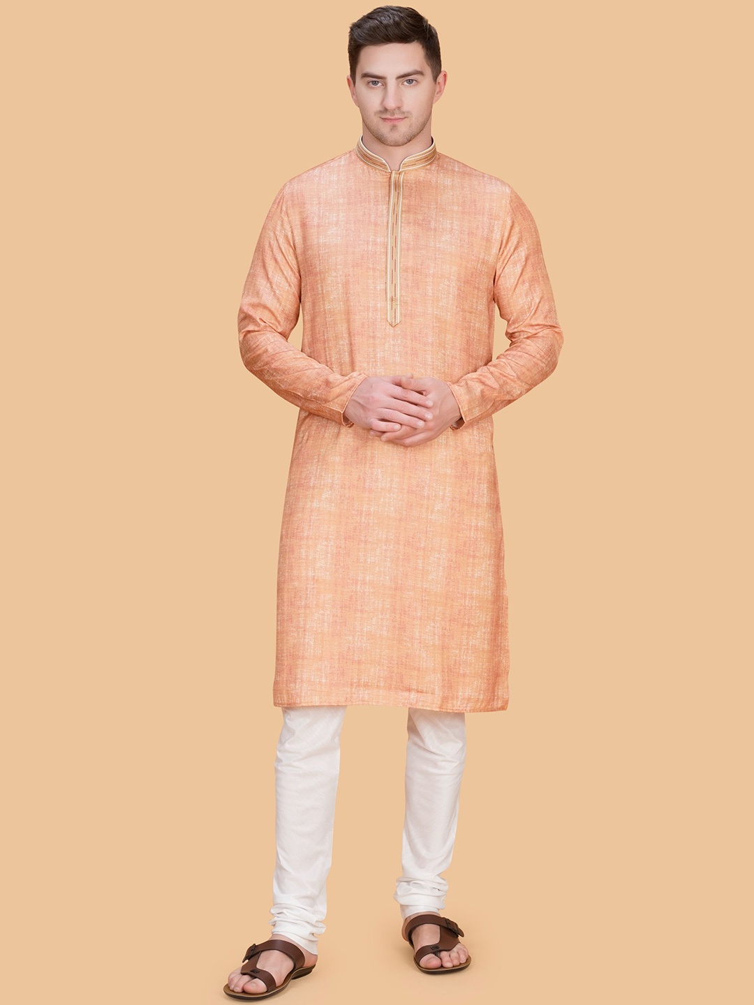 

LA'SCOOT Mandarin Collar Pure Cotton Straight Kurta with Pyjamas, Orange