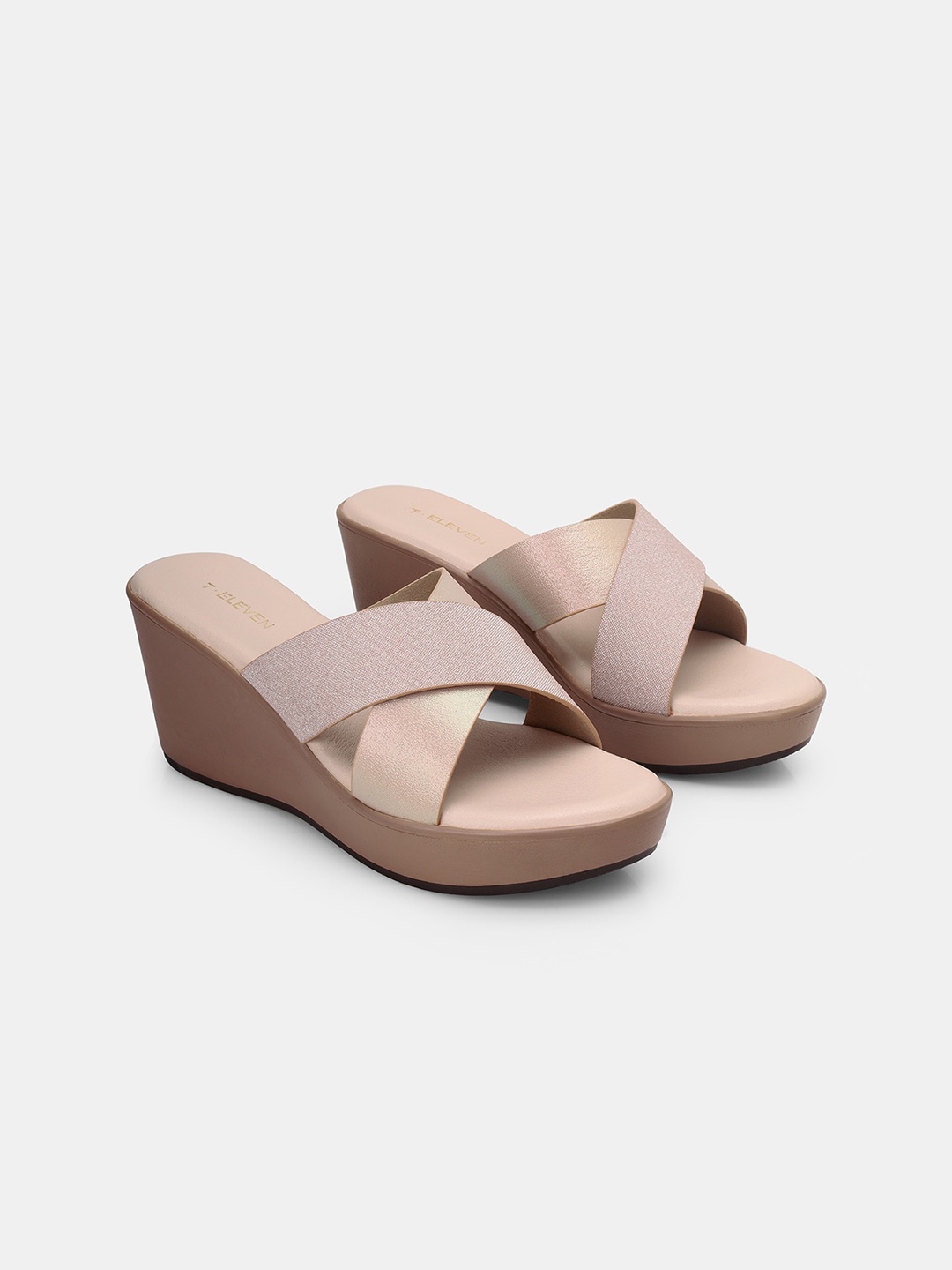 

T.ELEVEN Colourblocked Party Wedge Mules with Laser Cuts, Peach