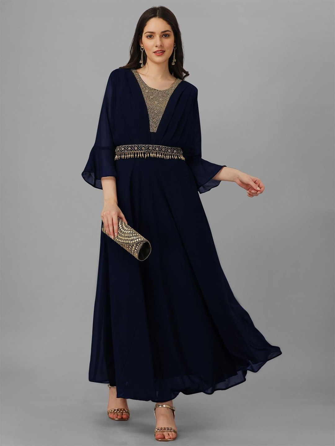 

Trendmalls Embellished Bell Sleeves Georgette A-Line Maxi Ethnic Dress, Navy blue