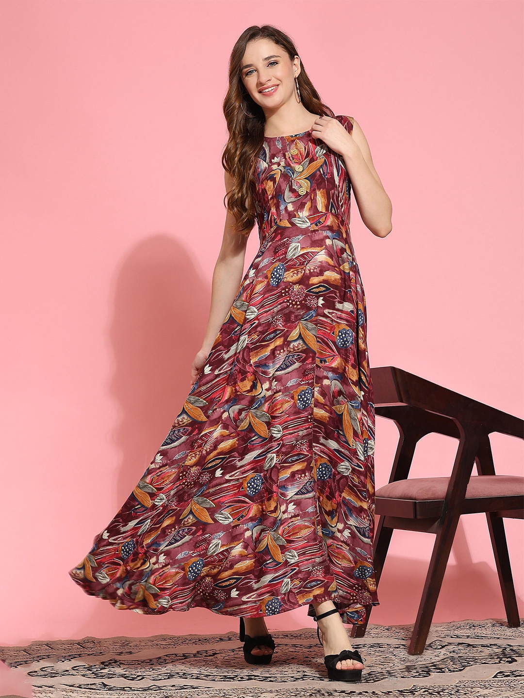 

Trendmalls Floral Printed Round Neck Short Sleeves Anarkali Kurta, Purple