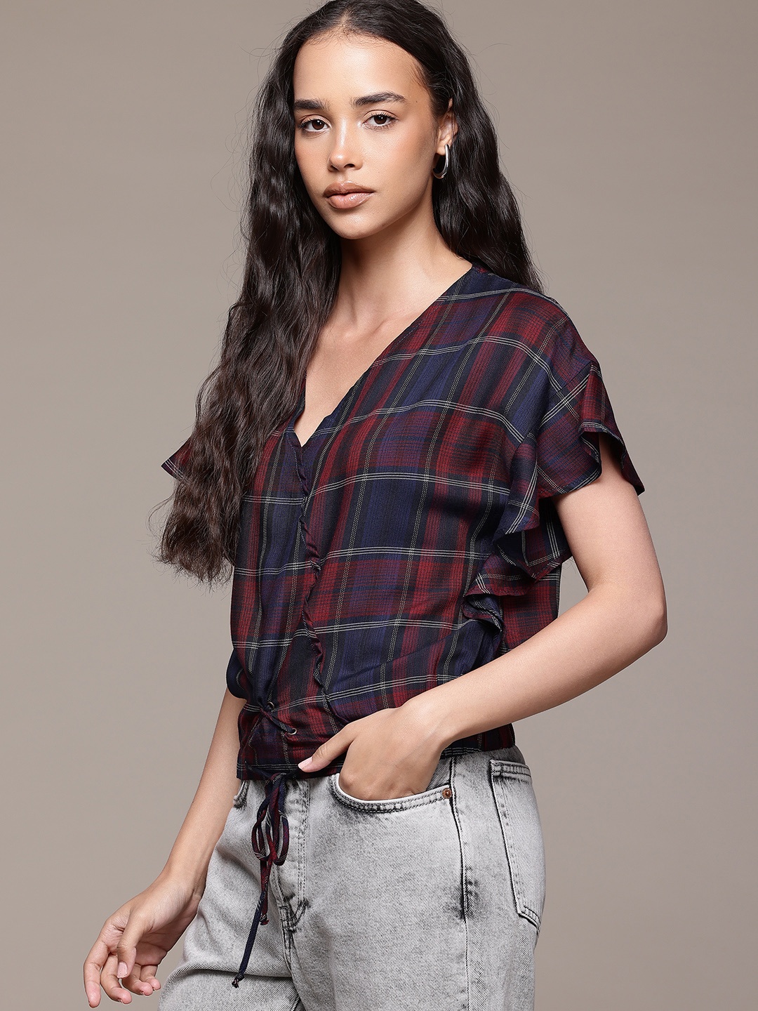 

Roadster Checked Flutter Sleeves Top, Maroon