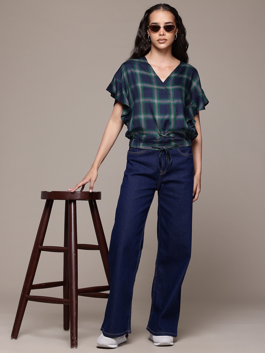

Roadster Checked Flutter Sleeves Wrap Top, Navy blue