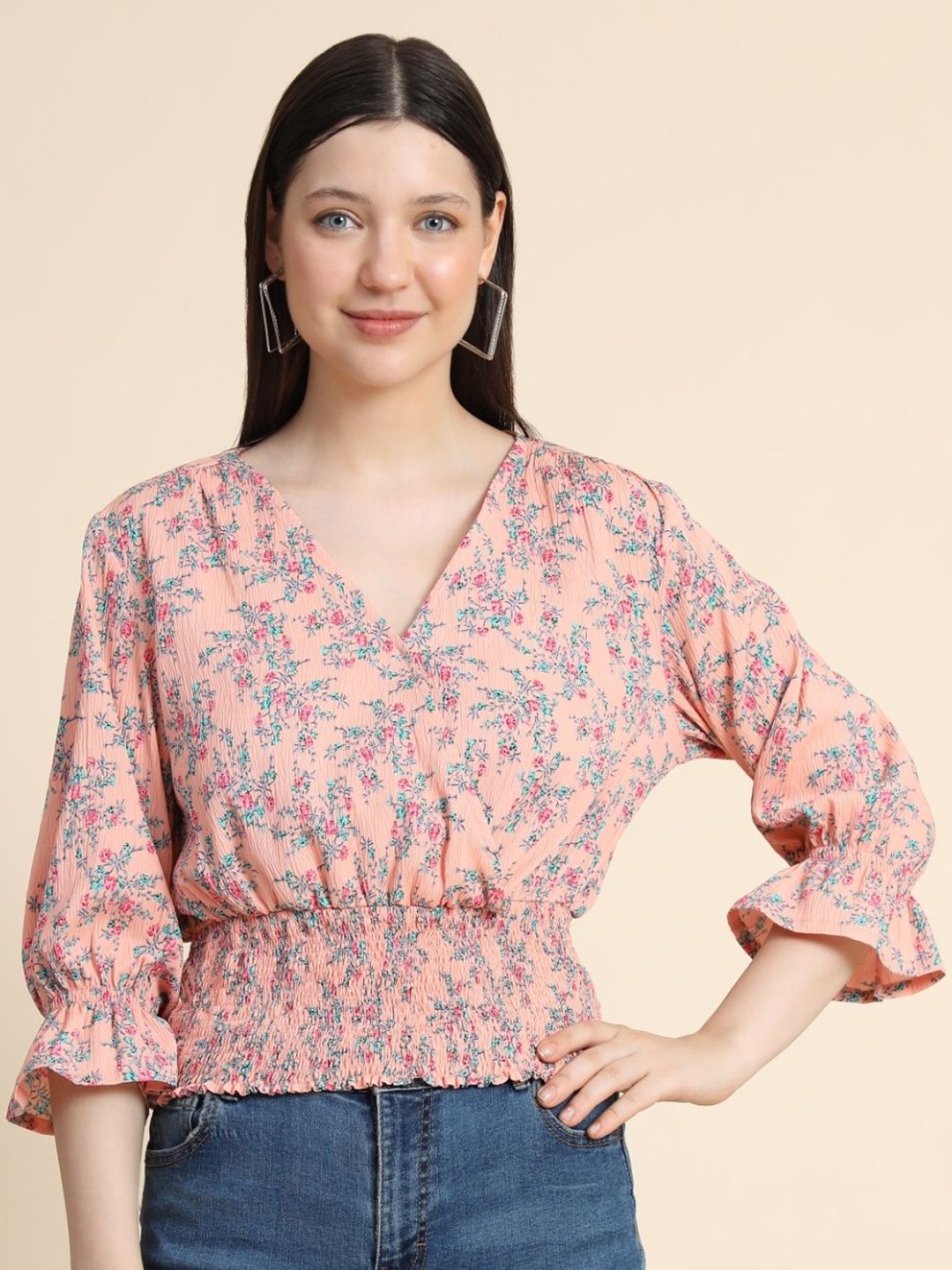 

TOOCHKI Floral Printed Smocking Cinched Waist Top, Peach