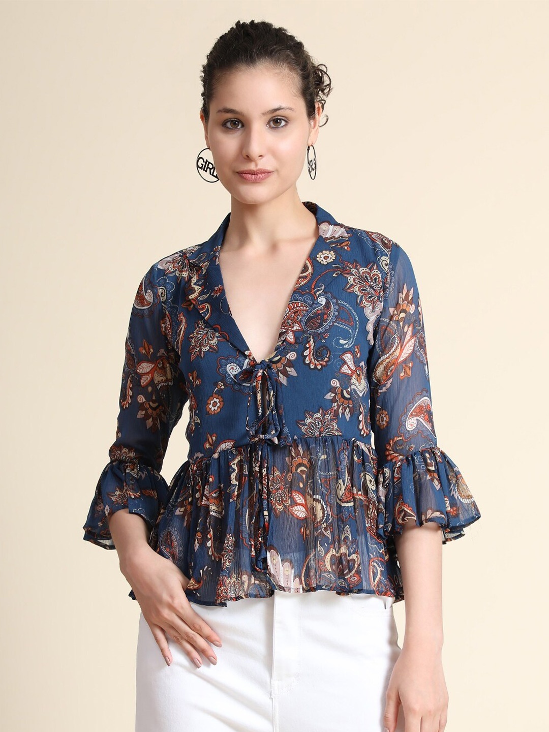 

TOOCHKI Lapel Collar Paisley Print Flared Top, Navy blue