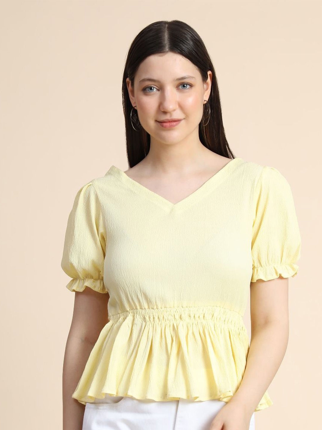 

TOOCHKI Puff Sleeve V-Neck Smocked Peplum Top, Yellow