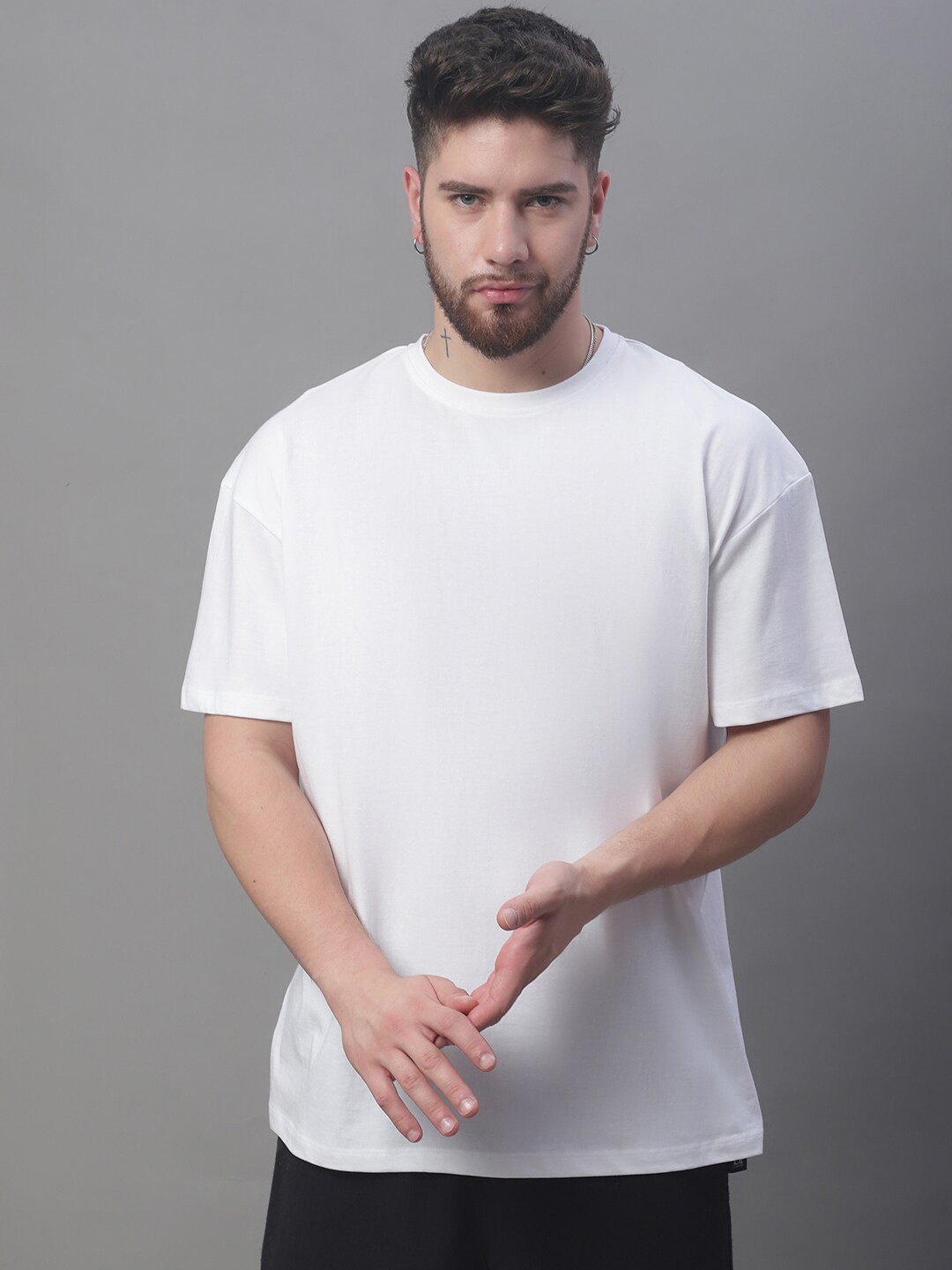 

DOOR74 Short Sleeves Round Neck Knitted Cotton Oversized T-shirt, White