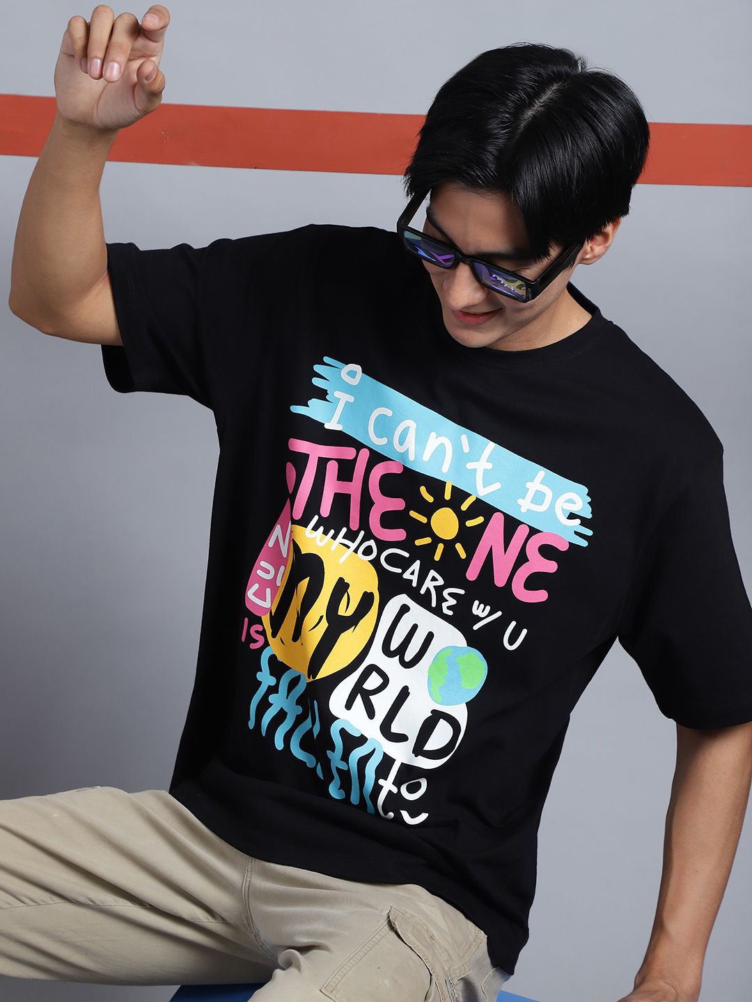 

DOOR74 Typography Printed Short Sleeves Applique Cotton Oversized T-shirt, Black