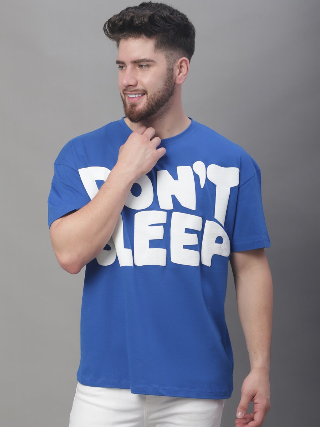 

DOOR74 Typography Printed Short Sleeves Applique Cotton Oversized T-shirt, Blue