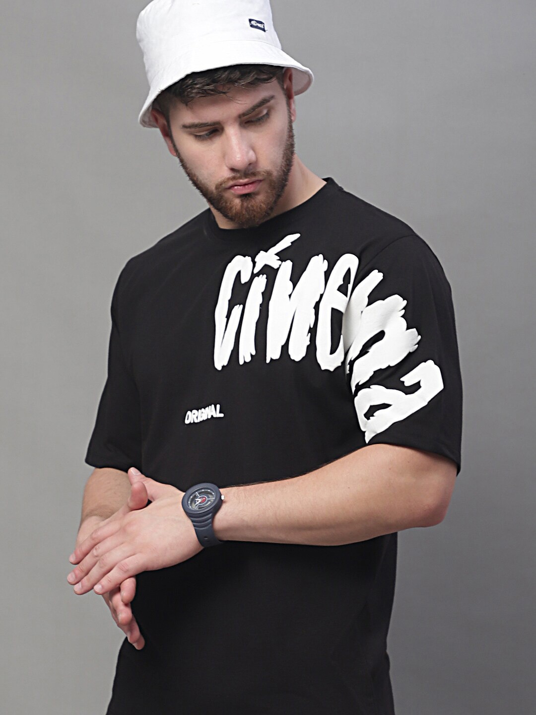 

DOOR74 Typography Printed Short Sleeves Applique Cotton Oversized T-shirt, Black