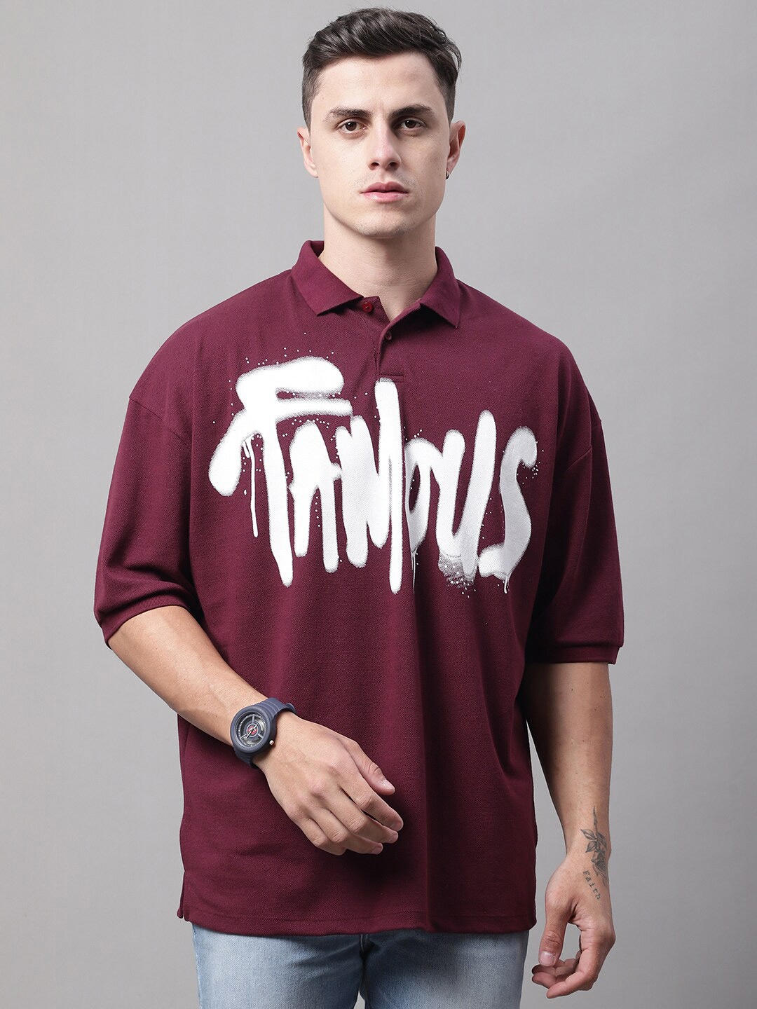 DOOR74 Typography Printed Polo Collar Applique Cotton T-shirt, Maroon