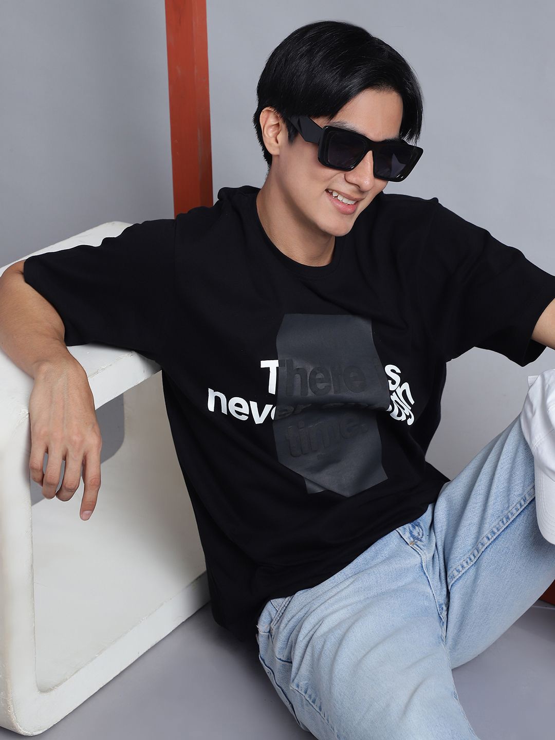 

DOOR74 Typography Printed Short Sleeves Knitted Cotton Oversized T-shirt, Black
