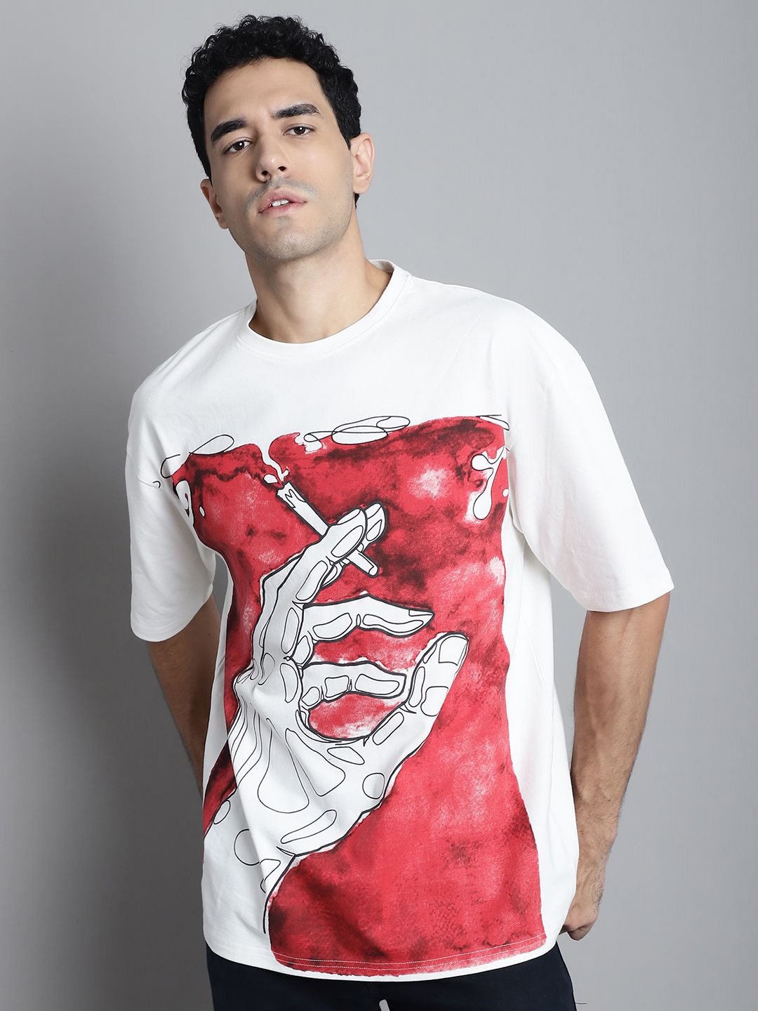 

DOOR74 Graphic Printed Short Sleeves Oversized Cotton T-shirt, White