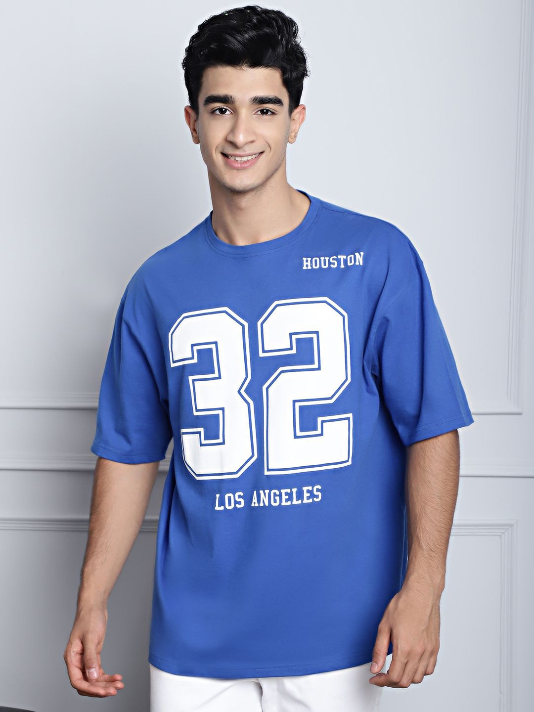

DOOR74 Varsity Printed Short Sleeves Applique Cotton Oversized T-shirt, Blue