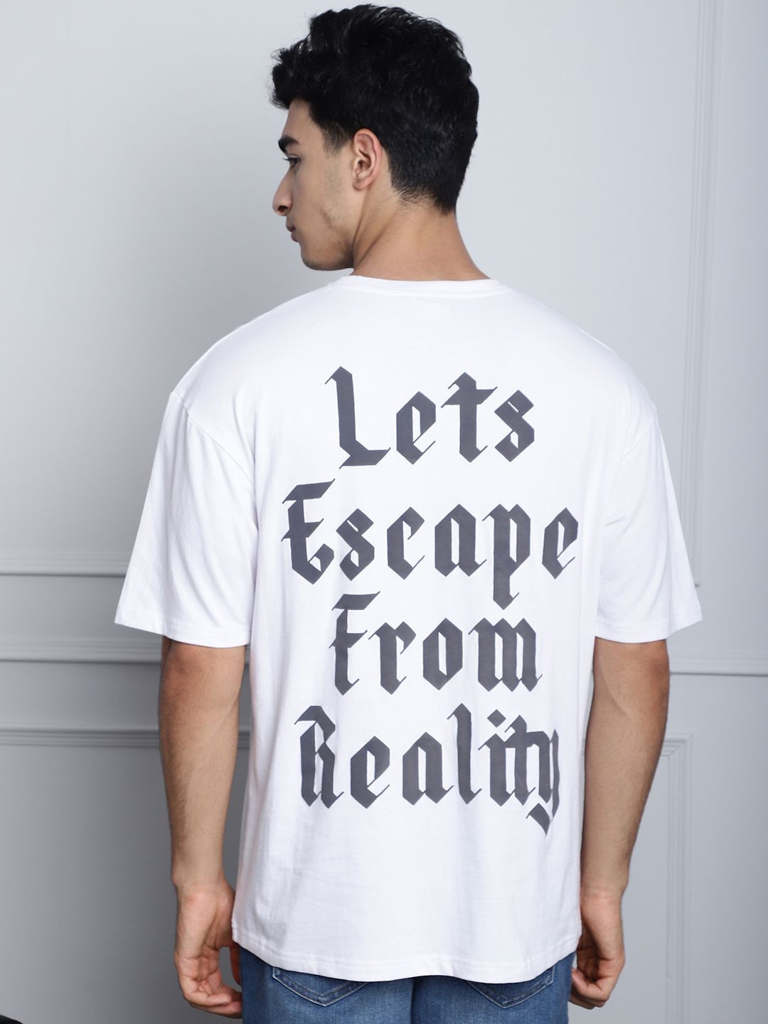 

DOOR74 Typography Printed Short Sleeves Raw Edge Cotton Oversized T-shirt, White