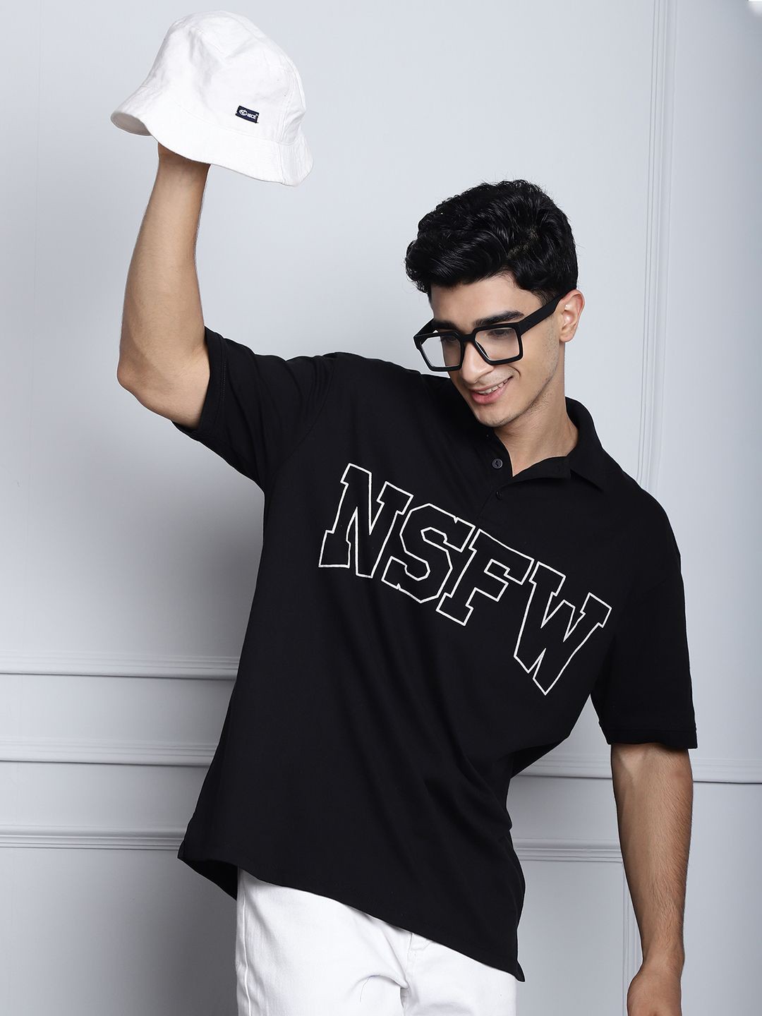 

DOOR74 Typography Printed Polo Collar Applique Cotton Oversized T-shirt, Black