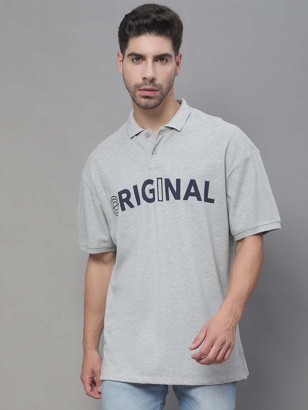 

DOOR74 Typography Printed Polo Collar Applique Oversized Cotton T-shirt, Grey melange