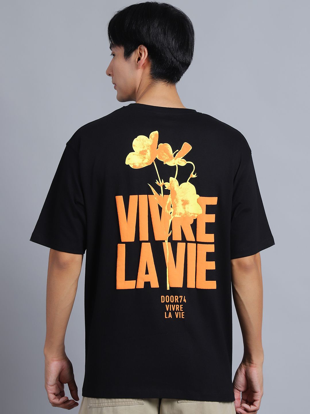 

DOOR74 Typography Printed Short Sleeves Raw Edge Cotton Oversized T-shirt, Black