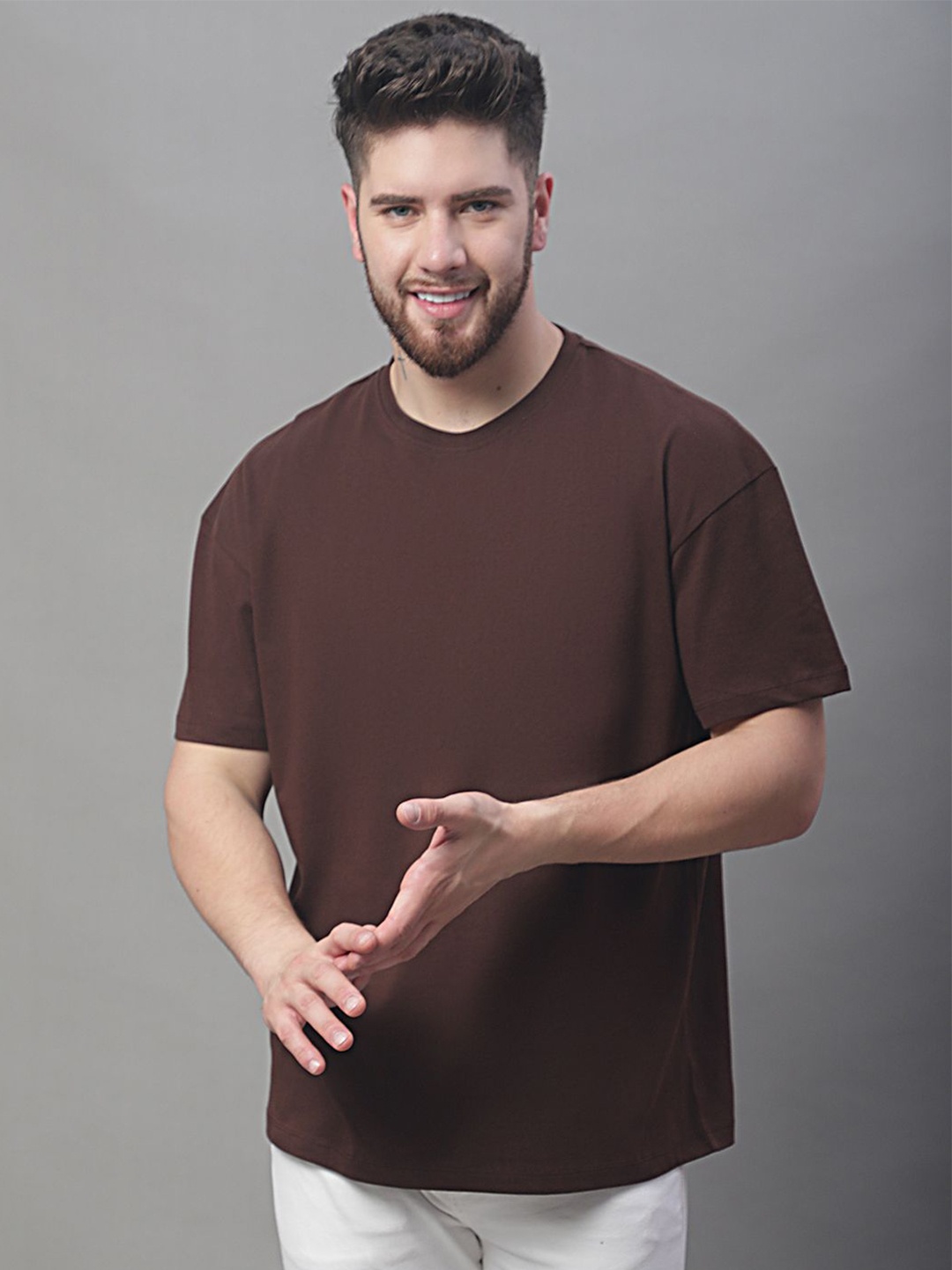 

DOOR74 Short Sleeves Round Neck Knitted Cotton Oversized T-shirt, Brown