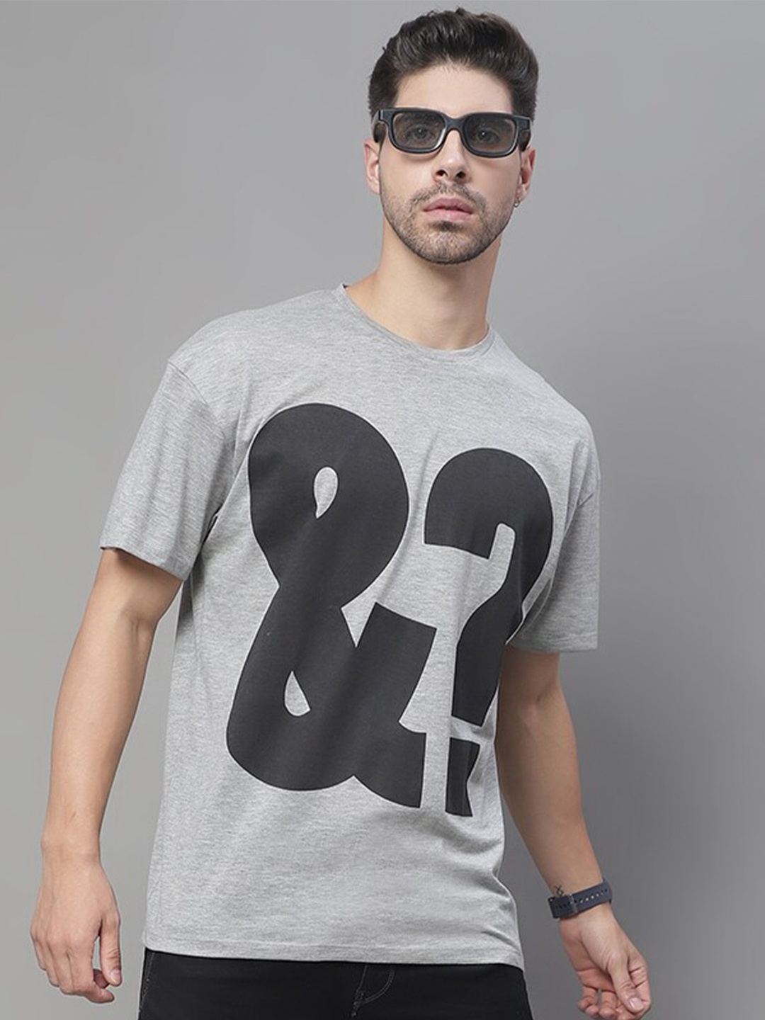 

DOOR74 Superhero Printed Short Sleeves Knitted Cotton Oversized T-shirt, Grey melange