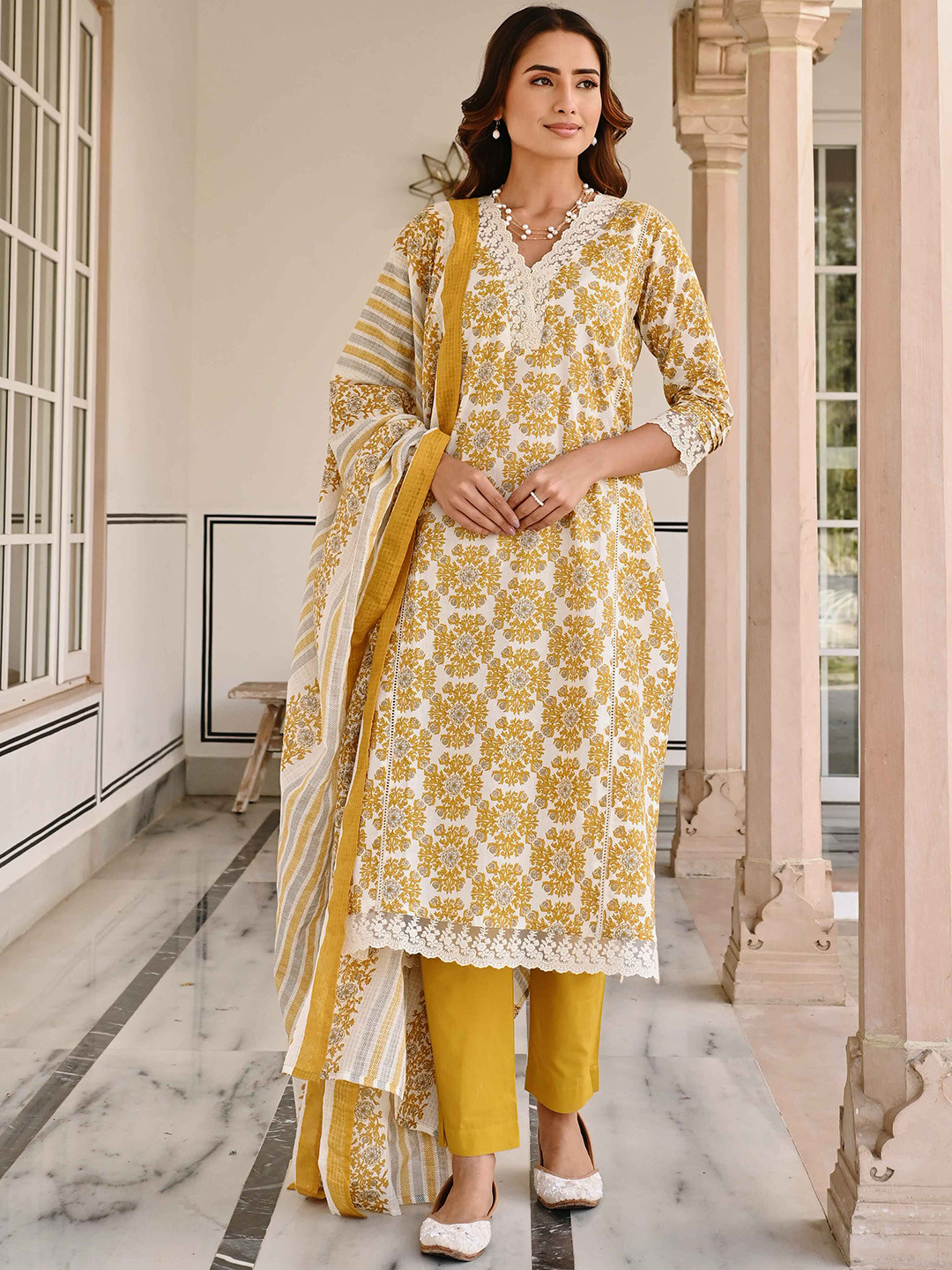 

KARAJ JAIPUR Floral Printed Pure Cotton Thread Work Straight Kurta With Trousers & Dupatta, Mustard