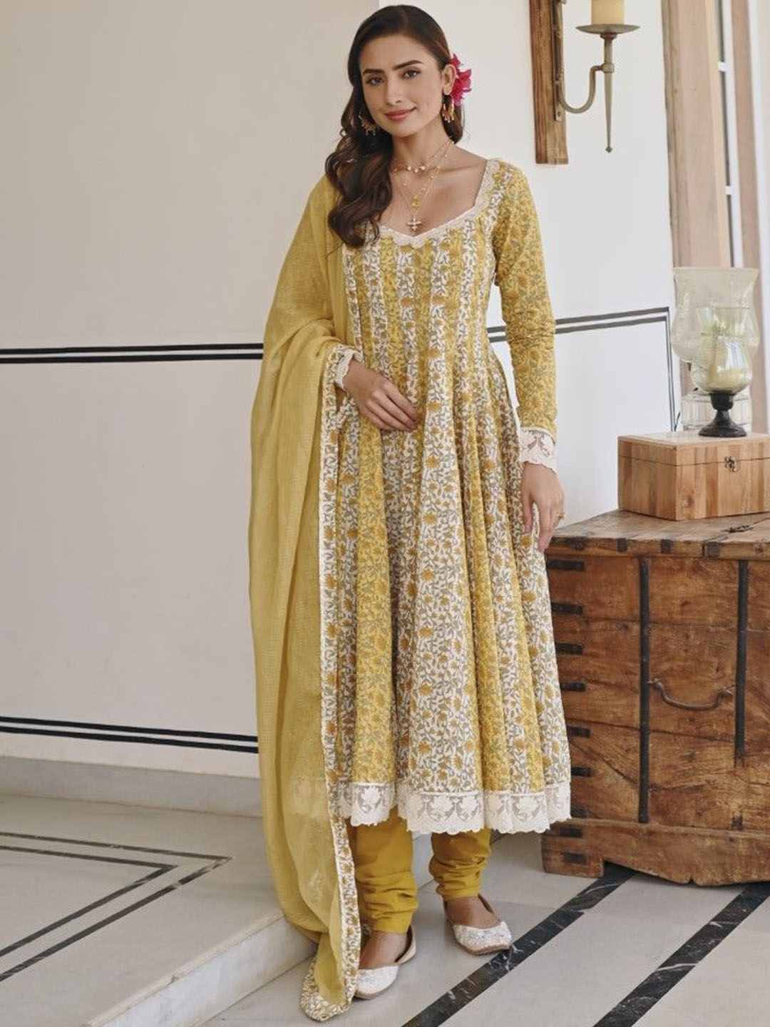 

KARAJ JAIPUR Plus Size Floral Printed Pure Cotton Anarkali Kurta With Trousers & Dupatta, Mustard