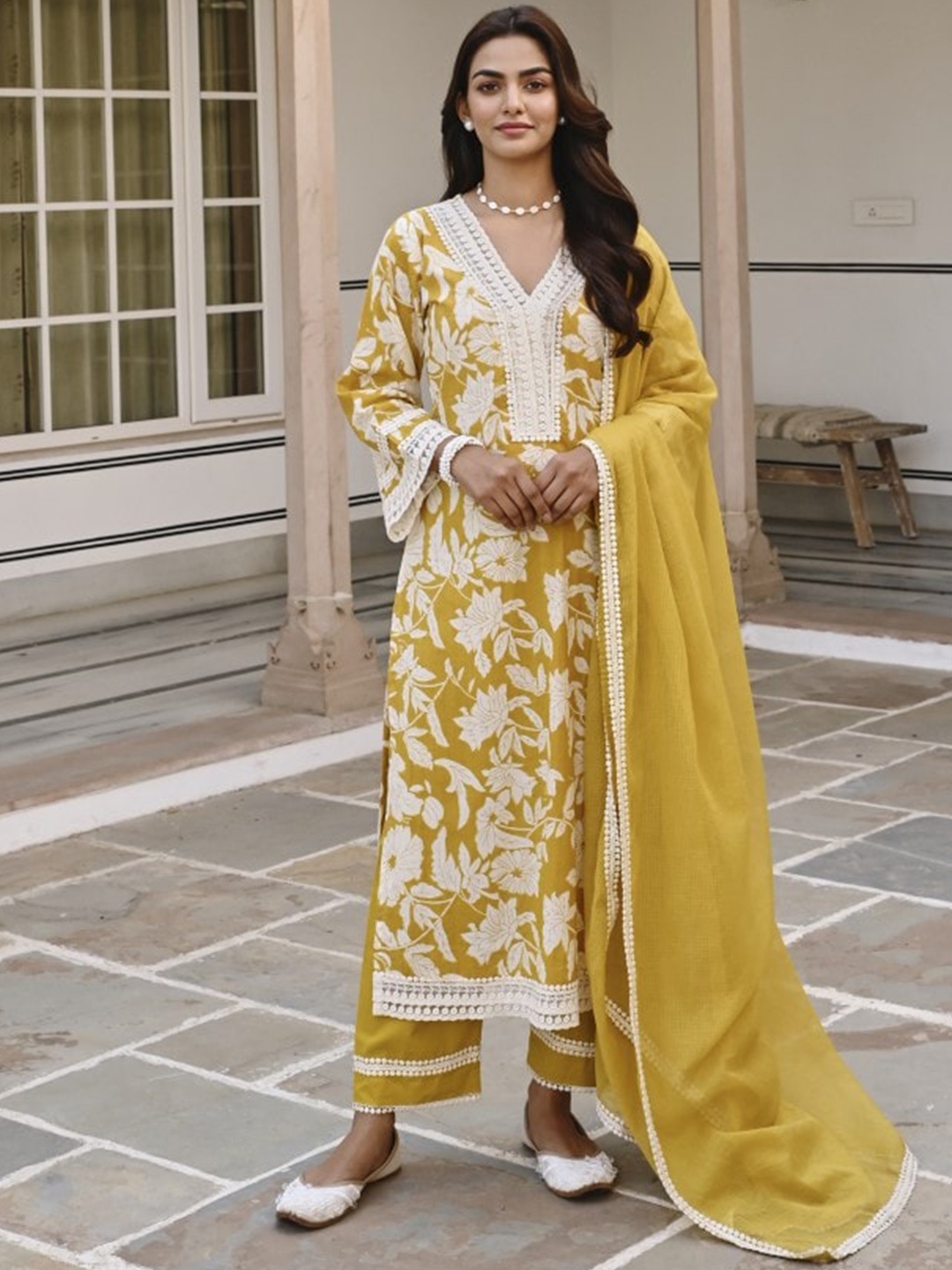 

KARAJ JAIPUR Floral Printed Pure Cotton Kurta with Palazzos & With Dupatta, Mustard