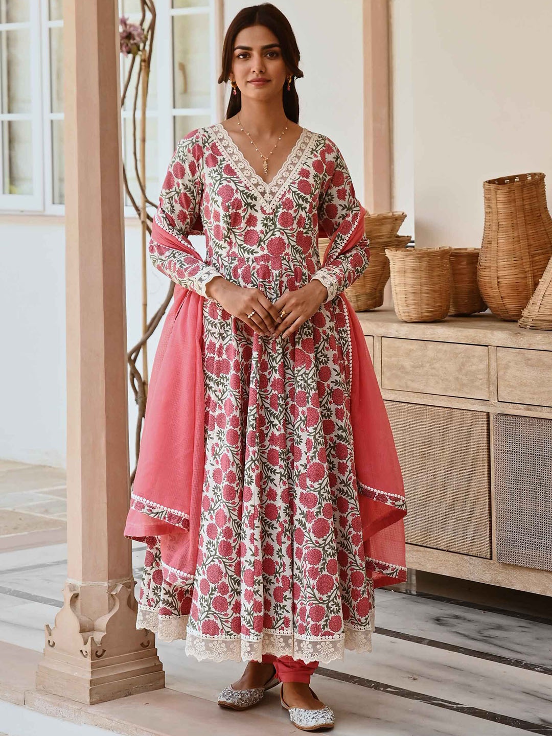 

KARAJ JAIPUR Floral Printed Pure Cotton Thread Work Anarkali Kurta With Trousers & Dupatta, Red