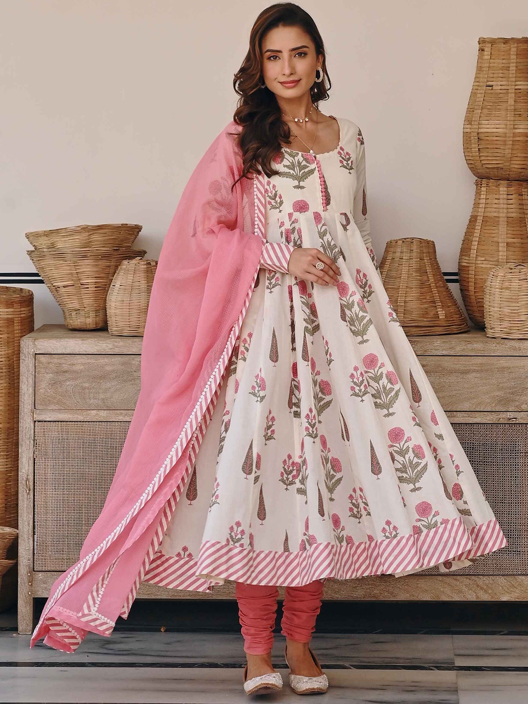 

KARAJ JAIPUR Floral Printed Pure Cotton Anarkali Kurta With Trousers & Dupatta, Pink