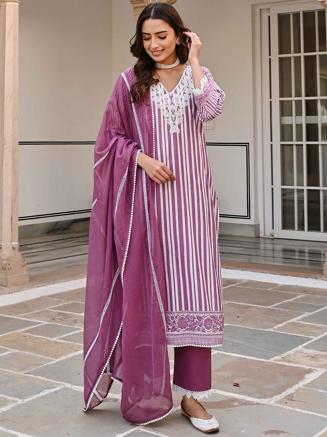 

KARAJ JAIPUR Striped Thread Work Pure Cotton Straight Kurta With Trousers & Dupatta, Purple