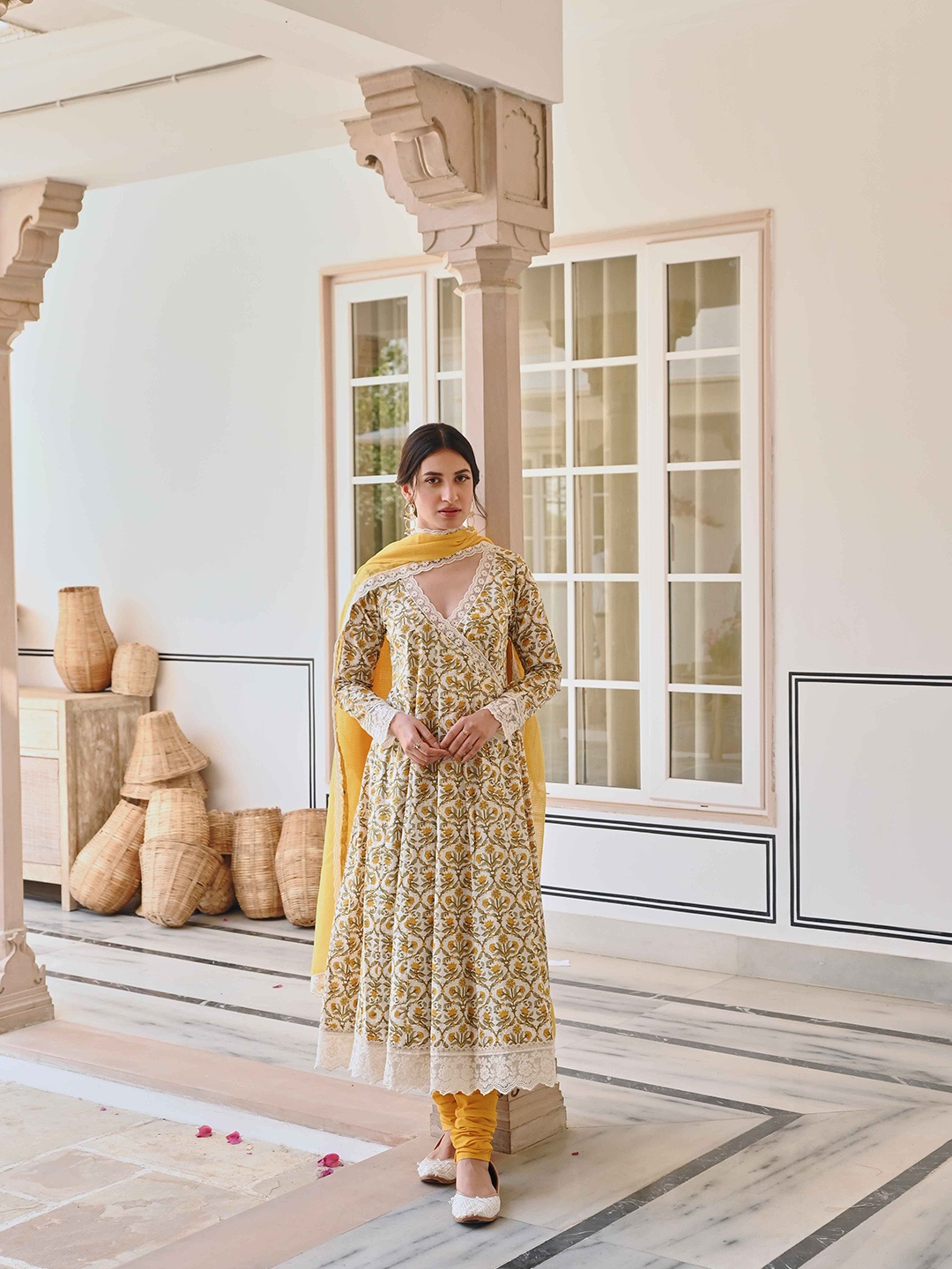 

KARAJ JAIPUR Floral Printed Angrakha Pure Cotton Anarkali Kurta With Trousers & Dupatta, Mustard