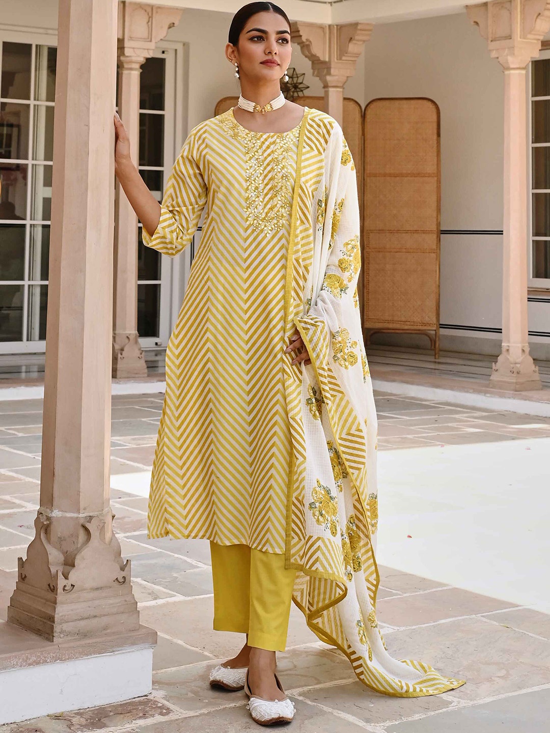 

KARAJ JAIPUR Floral Printed Pure Cotton Straight Kurta With Trousers & Dupatta, Yellow