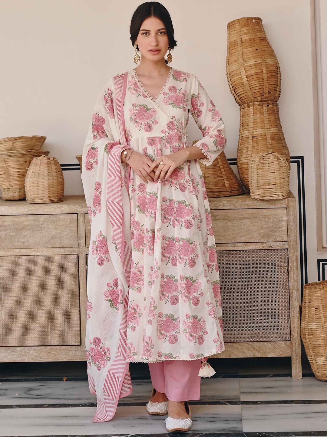 

KARAJ JAIPUR Floral Printed Angrakha Anarkali Pure Cotton Kurta With Trousers & Dupatta, Pink