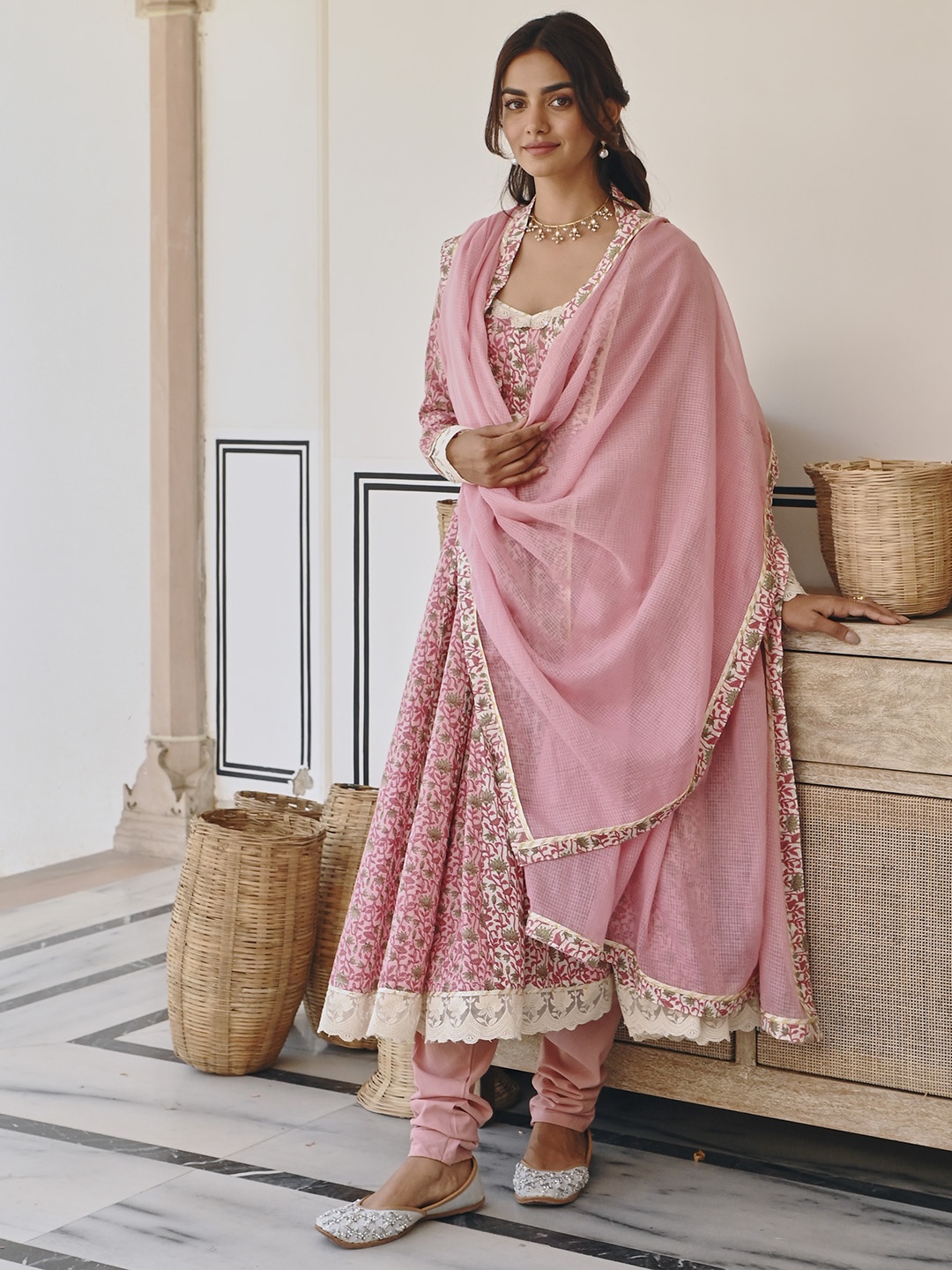 

KARAJ JAIPUR Floral Printed Regular Pure Cotton Anarkali Kurta With Churidar & Dupatta, Pink