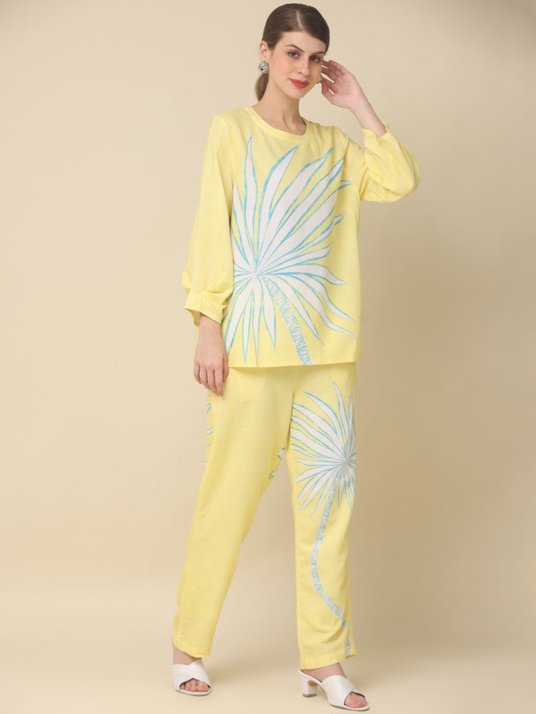 

Zolo Label Floral Printed Pure Cotton Top and Trousers, Yellow