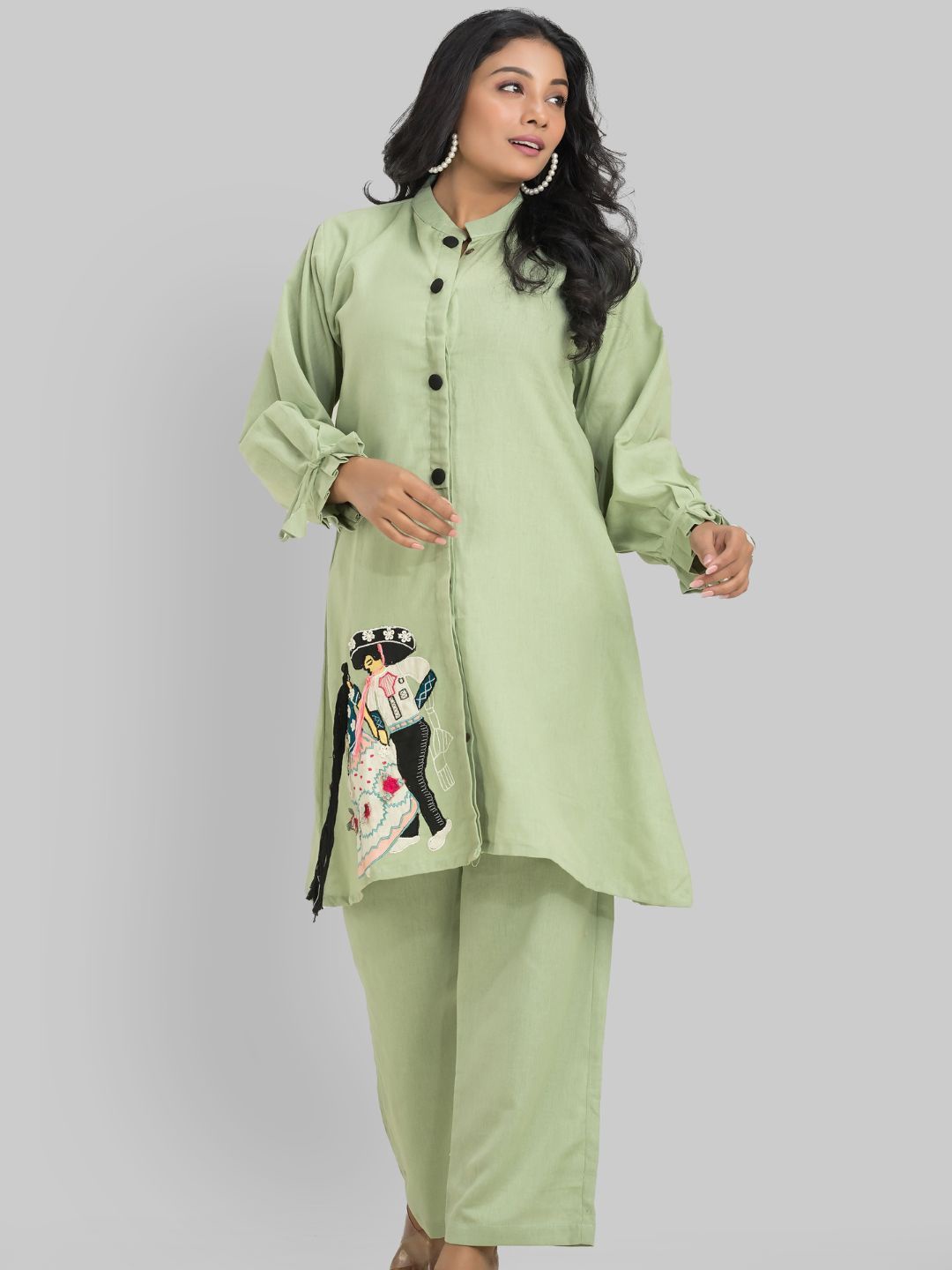 

Zolo Label Embroidered Mandarin Collar Tunic & Trouser, Green