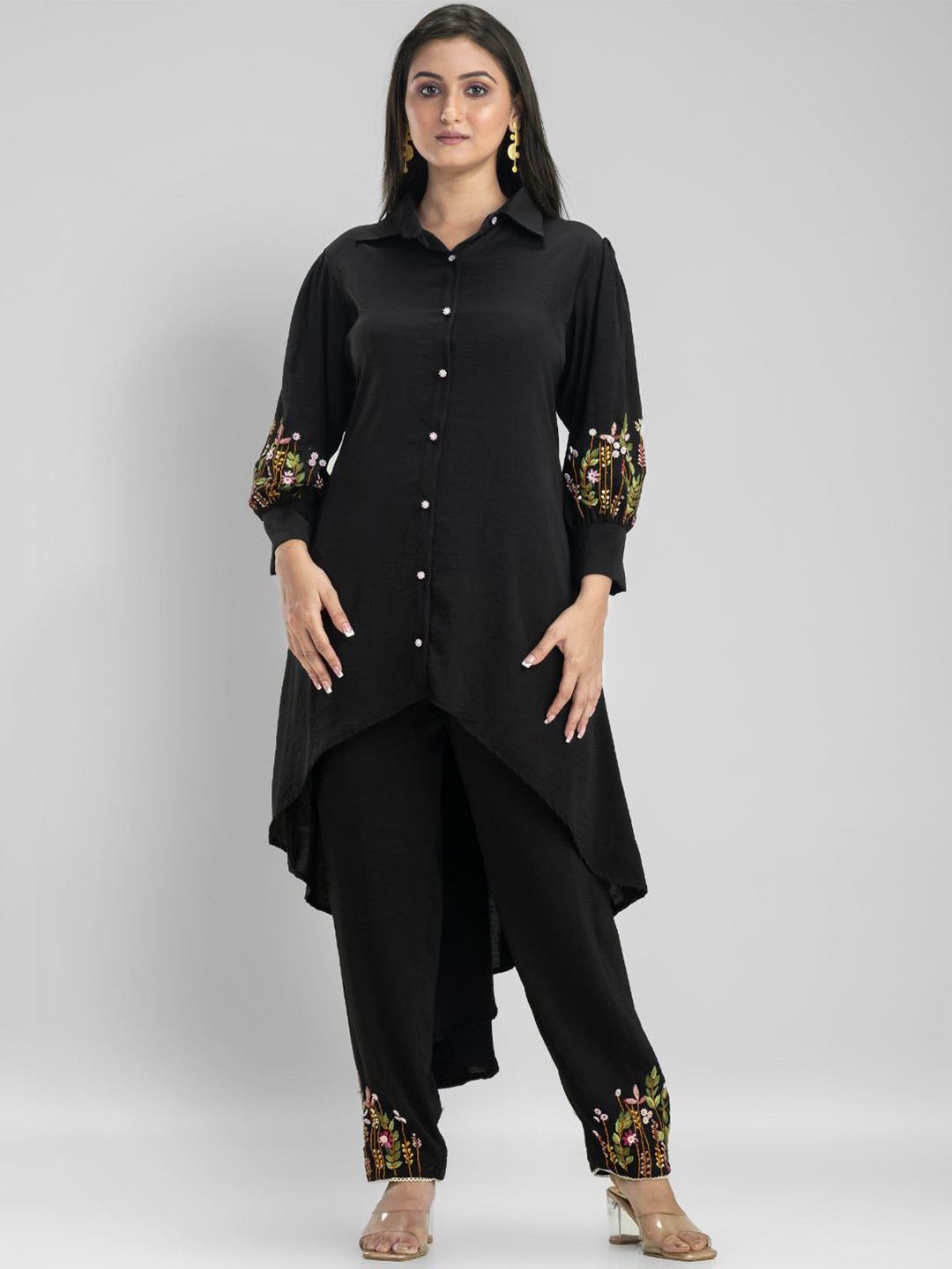 

Zolo Label Embroidered Shirt Collar Cuffed Sleeves Tunic Wih Trouser, Black