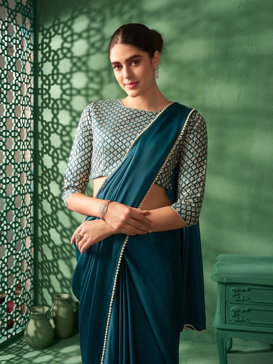 

Sangria Embellished Satin Saree, Blue