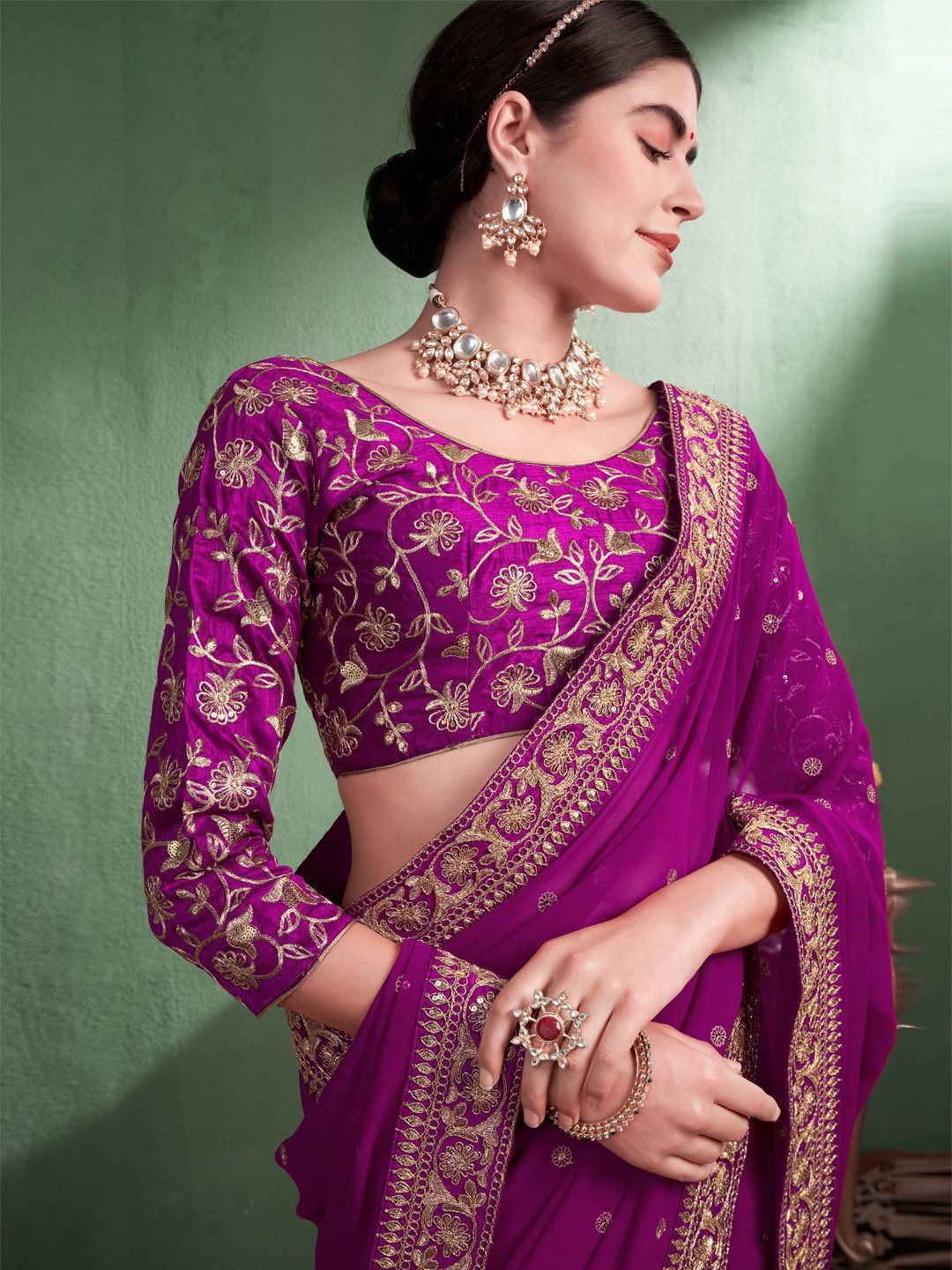 

Sangria Embroidered Pure Georgette Heavy Work Saree, Purple