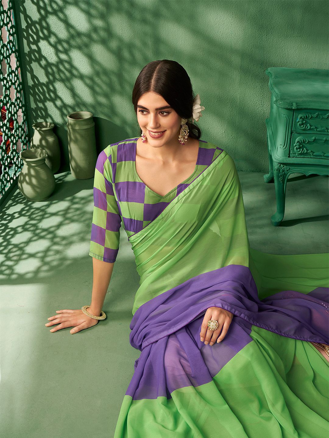 Sangria Printed Pure Georgette Saree With Blouse Piece, Green