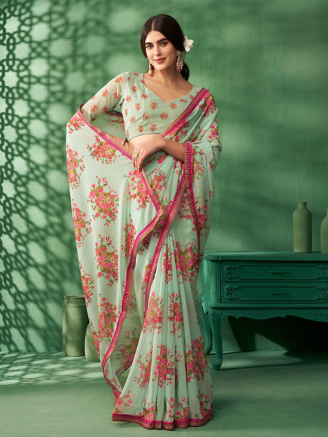 

Sangria Floral Embroidered Sarees, Sea green