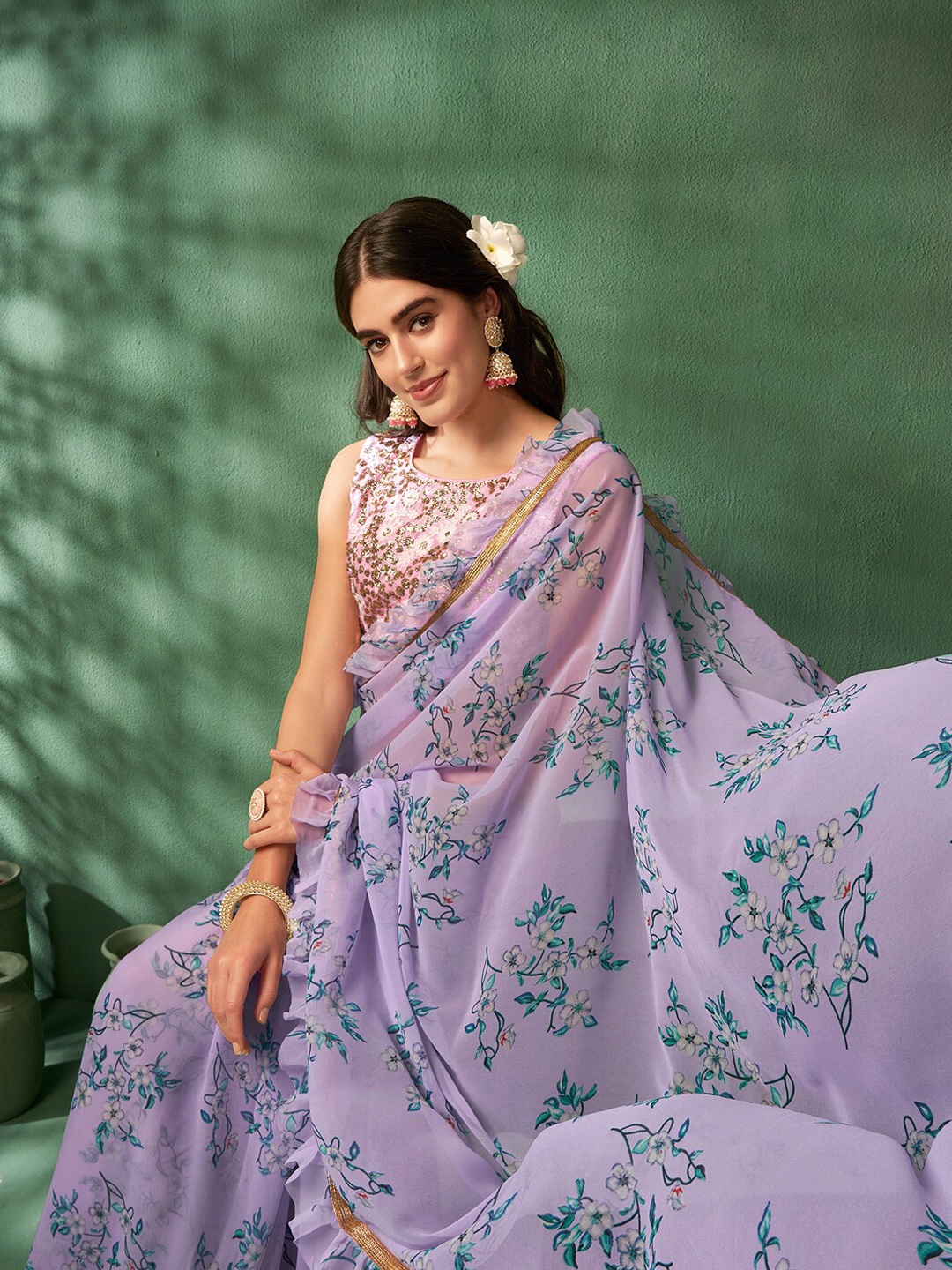 

Sangria Floral Embroidered Ruffles Sarees, Lavender