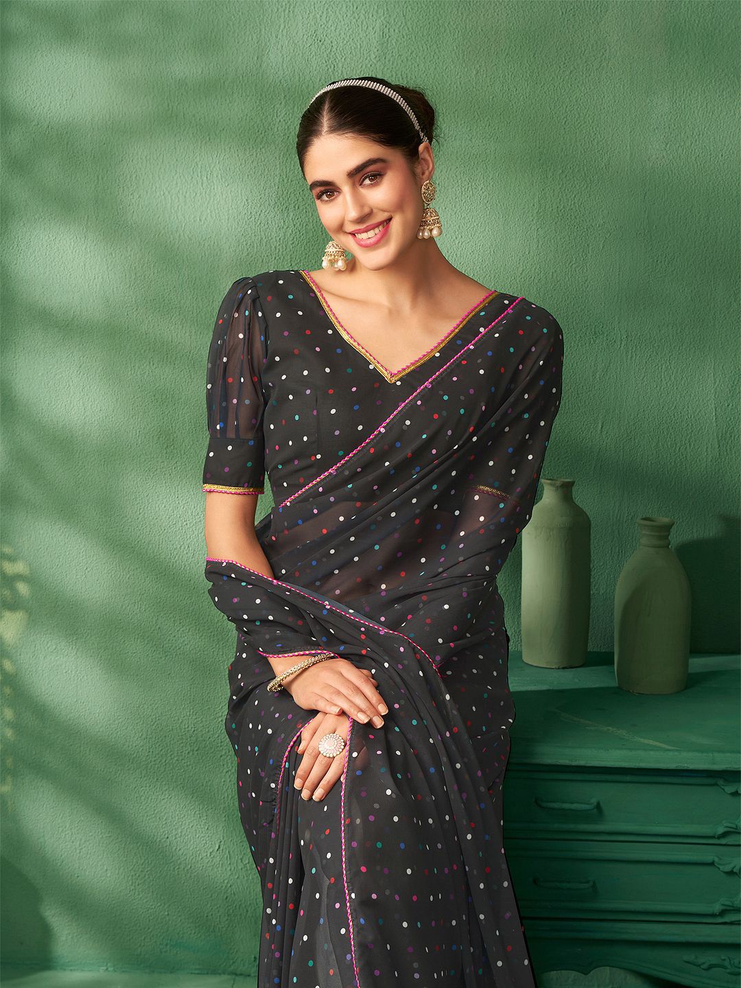 

Sangria Polka Dots Printed Pure Georgette Saree, Black
