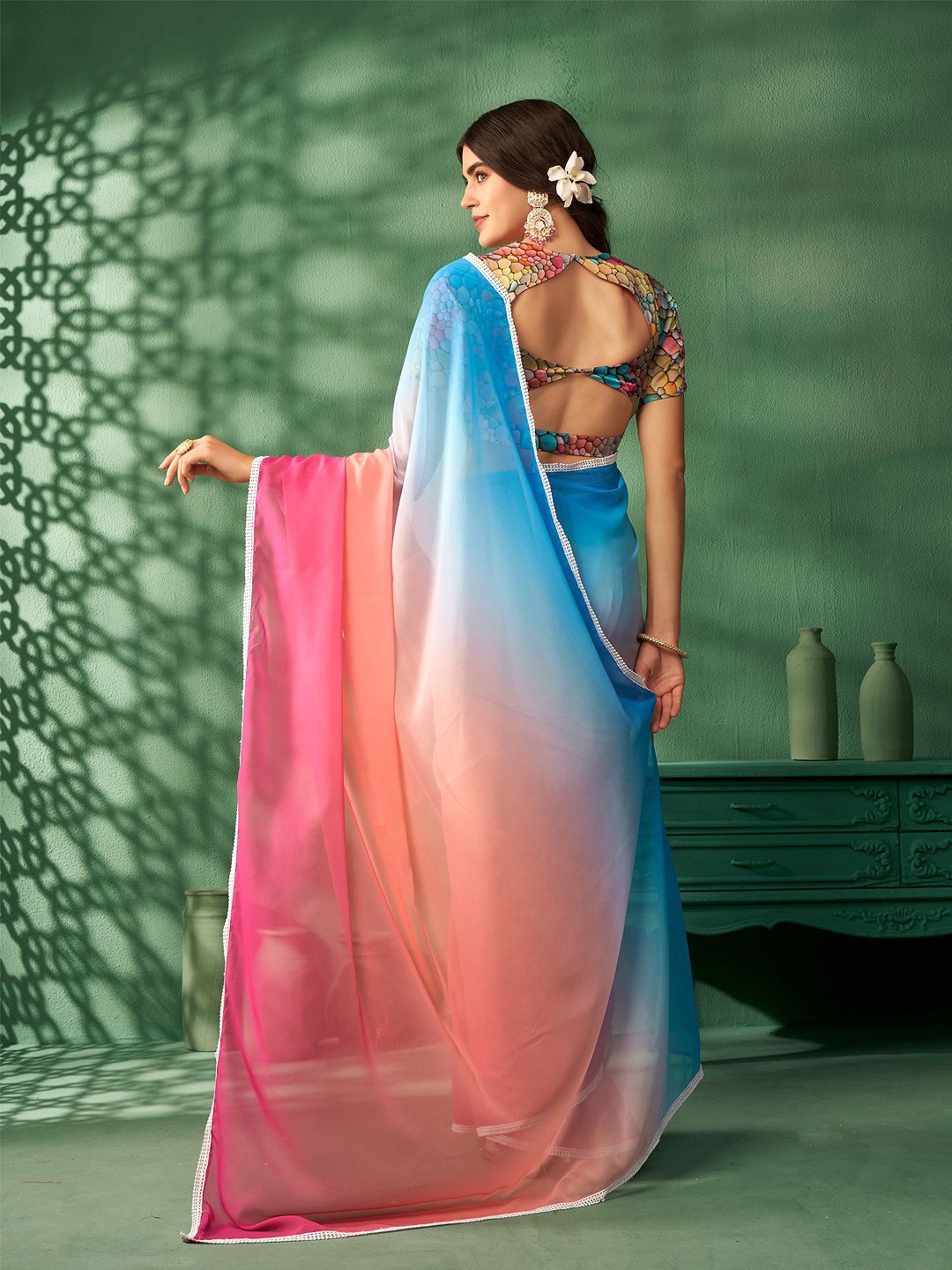 

Sangria Ombre Pure Georgette Saree With Blouse Piece, Pink