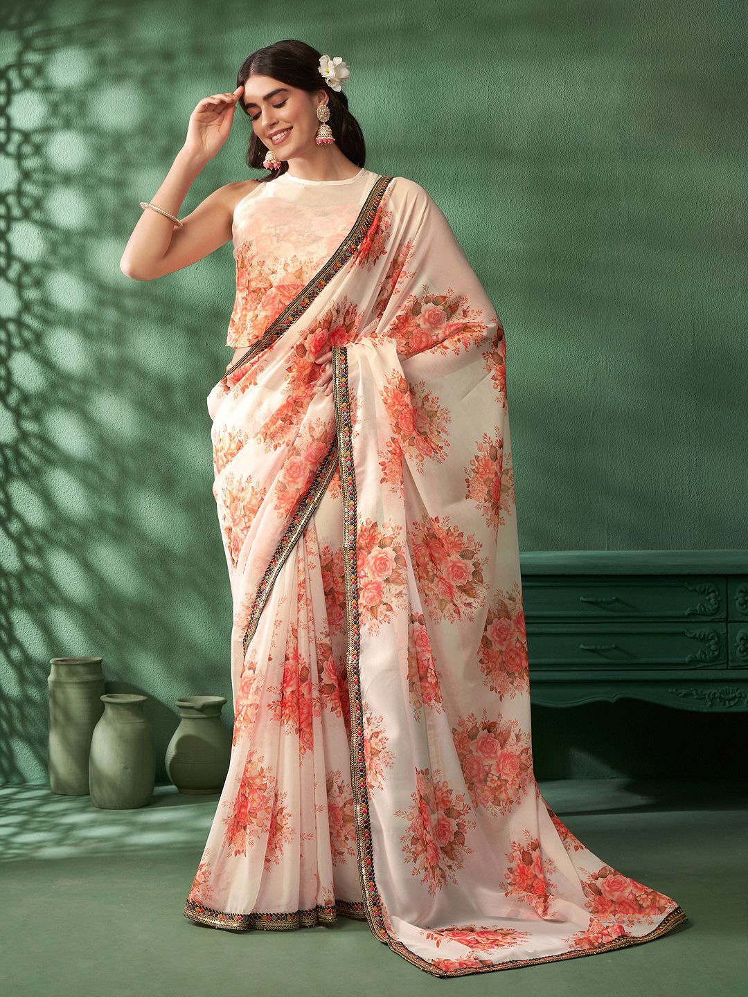 

Sangria Floral Pure Georgette Saree With Blouse Piece, Cream